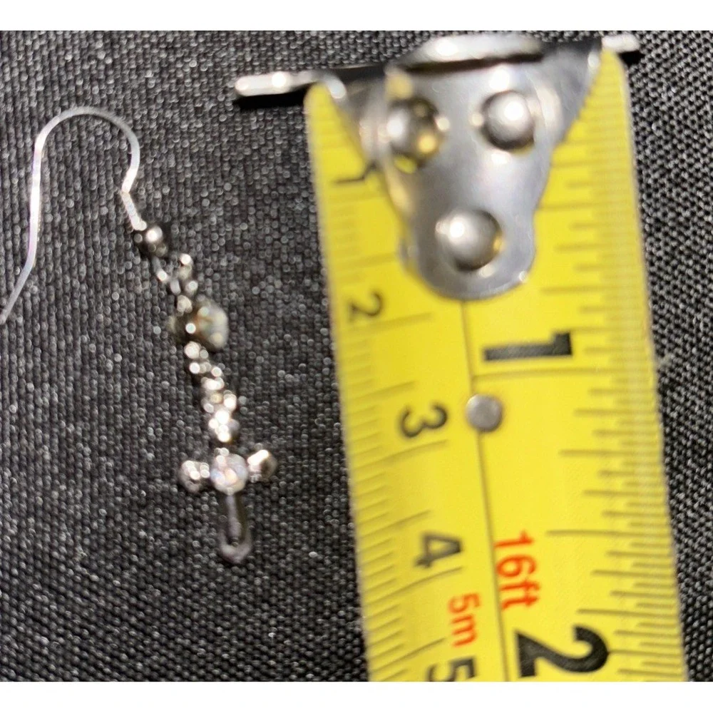 Clear Crystal Rhinestones and Cross w Silver Hooks Dangle Drop Pierced Earrings